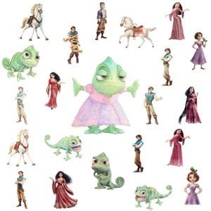Puede incluir: Ilustraciones en acuarela de personajes de la pel&iacute;cula animada Enredados. La imagen presenta a Rapunzel, Flynn Rider, Pascal el camale&oacute;n y Maximus el caballo. Los personajes est&aacute;n representados en varias poses y atuendos, con un fondo blanco.