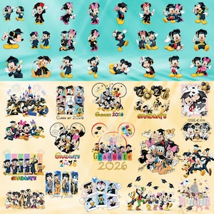 Puede incluir: Una colección de gráficos temáticos de Disney con Mickey y Minnie Mouse, el Pato Donald y otros personajes. Los diseños incluyen temas de graduación con el texto "Graduate 2026" y "Class of 2026" sobre un fondo azul claro.