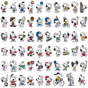 Può includere: Una collezione di illustrazioni del personaggio Snoopy impegnato in vari sport. Snoopy è raffigurato mentre gioca a baseball, basket, calcio, tennis, golf e altro ancora. Le illustrazioni presentano Snoopy in diverse uniformi e attrezzature sportive, su sfondo bianco.