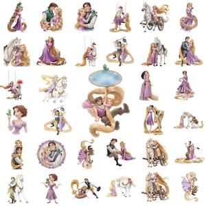 Puede incluir: Una colecci&oacute;n de ilustraciones en acuarela con personajes de un cuento de hadas. Las im&aacute;genes representan a una mujer con pelo largo y rubio, un hombre y varias escenas con caballos y otros accesorios. La paleta de colores incluye morados, verdes y marrones.