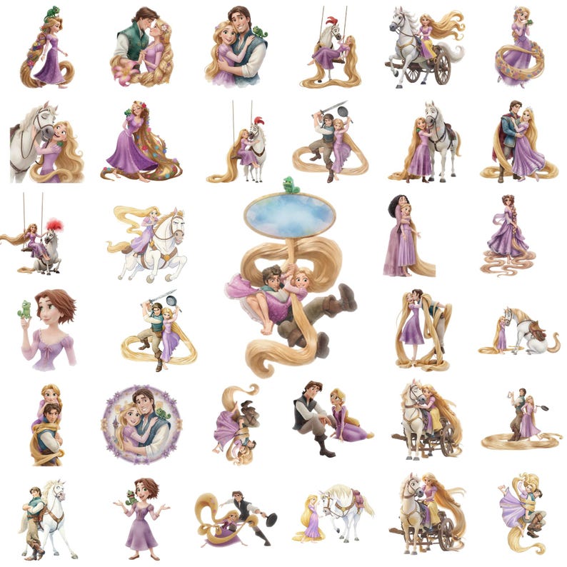 Puede incluir: Una colecci&oacute;n de ilustraciones en acuarela con personajes de un cuento de hadas. Las im&aacute;genes representan a una mujer con pelo largo y rubio, un hombre y varias escenas con caballos y otros accesorios. La paleta de colores incluye morados, verdes y marrones.