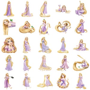 Puede incluir: Una colecci&oacute;n de ilustraciones de una princesa con pelo largo rubio y un vestido morado. La princesa se representa en varias poses, algunas con una rana verde, con un estilo de acuarela.