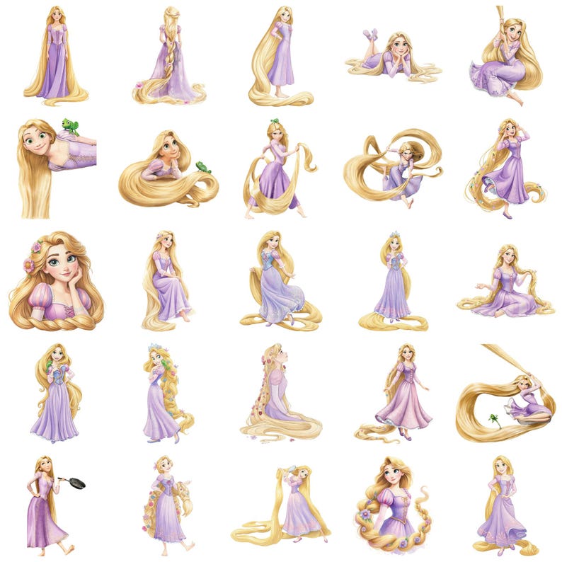 Puede incluir: Una colecci&oacute;n de ilustraciones de una princesa con pelo largo rubio y un vestido morado. La princesa se representa en varias poses, algunas con una rana verde, con un estilo de acuarela.