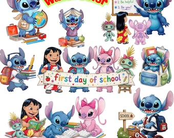Stitch Back To School Watercolor Clipart, 80 Stitch School PNG, Happy Back To School, Hand Drawn, Stitch School Clipart, Cute Stitch Clipart