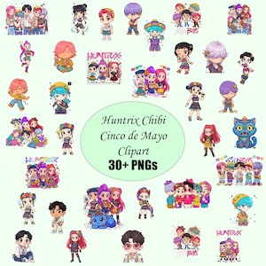May include: A collection of colorful chibi-style digital art illustrations. The image features various characters with diverse hairstyles and outfits, some with floral crowns and festive attire. Text in the center reads "Huntrix Chibi Cinco de Mayo Clipart 30+ PNGs."