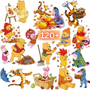 May include: A collection of Winnie the Pooh and friends illustrations featuring autumn themes, including characters raking leaves, painting, and holding pumpkins. The central text reads 120+. The characters include Pooh, Piglet, Tigger, and Eeyore.