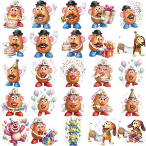 Peut inclure: Une collection de vingt-cinq illustrations repr&eacute;sentant les personnages de Monsieur et Madame Patate, un chien ressort et un ours rose. Les personnages sont repr&eacute;sent&eacute;s dans diverses poses sur le th&egrave;me de l'anniversaire, avec des g&acirc;teaux et cadeaux.