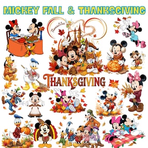 Puede incluir: Una hoja de ilustraciones digitales con varios personajes de Disney, incluidos Mickey, Minnie, Donald y Goofy, en escenas de otoño y Acción de Gracias, con hojas que caen, calabazas y el texto MICKEY FALL & THANKSGIVING.
