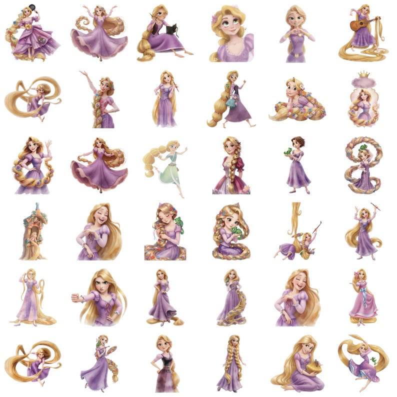 Puede incluir: Una colecci&oacute;n de pegatinas de Rapunzel en varias poses y atuendos. Las pegatinas presentan al personaje con cabello rubio largo, vistiendo vestidos y accesorios morados. Algunas pegatinas la muestran con flores y otros accesorios.