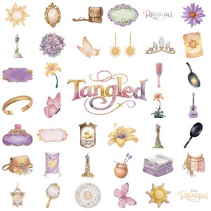 Puede incluir: Ilustraciones en acuarela de varios objetos y s&iacute;mbolos de la pel&iacute;cula "Enredados", incluyendo un sol, una torre, una sart&eacute;n, una guitarra, una tiara y la palabra "Tangled". Las im&aacute;genes est&aacute;n en colores pastel suaves.