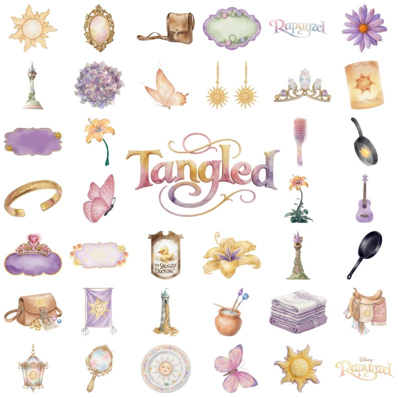 Puede incluir: Ilustraciones en acuarela de varios objetos y s&iacute;mbolos de la pel&iacute;cula "Enredados", incluyendo un sol, una torre, una sart&eacute;n, una guitarra, una tiara y la palabra "Tangled". Las im&aacute;genes est&aacute;n en colores pastel suaves.
