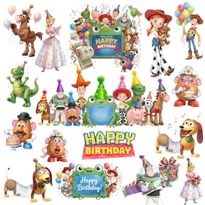 Peut inclure: Une collection d'illustrations des personnages de Toy Story incluant Woody, Buzz l'&Eacute;clair, Jessie, Rex, Slinky Dog, ainsi que Monsieur et Madame Patate portant des chapeaux de f&ecirc;te. Les images incluent le texte Happy Birthday en couleurs.