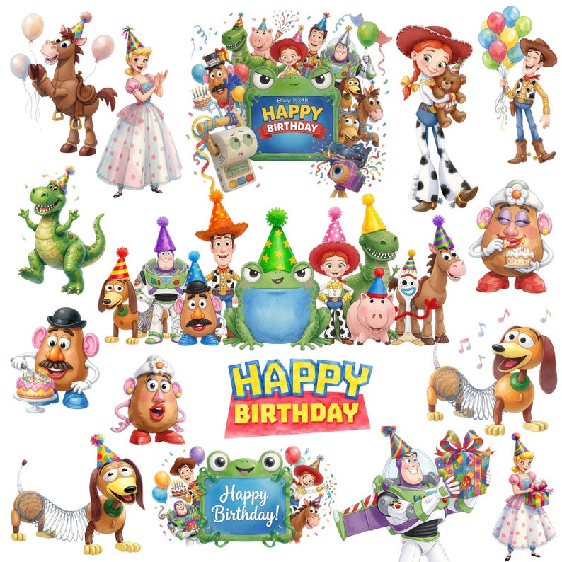 Peut inclure: Une collection d'illustrations des personnages de Toy Story incluant Woody, Buzz l'&Eacute;clair, Jessie, Rex, Slinky Dog, ainsi que Monsieur et Madame Patate portant des chapeaux de f&ecirc;te. Les images incluent le texte Happy Birthday en couleurs.
