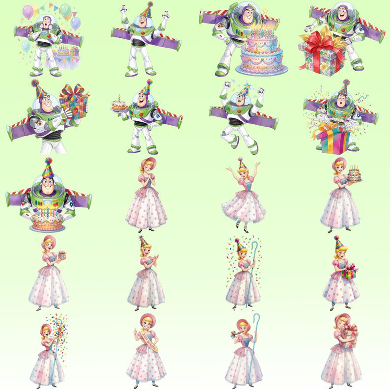 Peut inclure: Une collection de vingt illustrations num&eacute;riques repr&eacute;sentant Buzz l'&Eacute;clair et la Berg&egrave;re dans des tenues d'anniversaire. Les personnages sont montr&eacute;s dans diverses poses avec des chapeaux de f&ecirc;te, des cadeaux, des g&acirc;teaux, des confettis et des ballons.