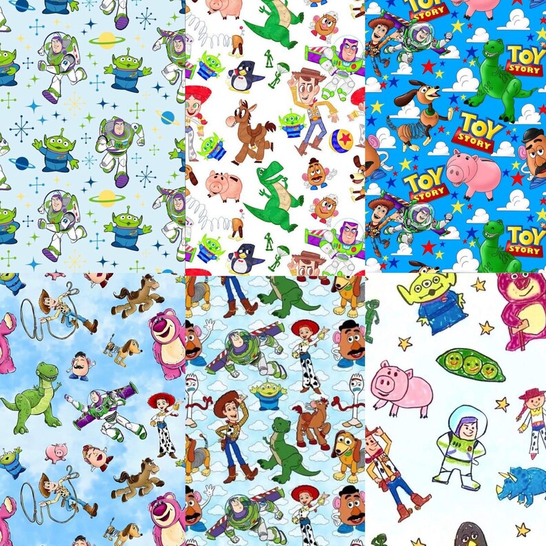 Peut inclure: Un collage de six motifs de tissu repr&eacute;sentant des personnages de Toy Story, dont Buzz l'&Eacute;clair, Woody, Jessie, Rex, Zigzag, Bayonne, Monsieur Patate et les extraterrestres verts. Les designs incluent divers fonds bleus, blancs et illustr&eacute;s.