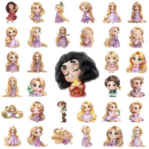 Puede incluir: Una colecci&oacute;n de ilustraciones en acuarela con personajes de un cuento de hadas. Las im&aacute;genes muestran varias poses y atuendos, con un enfoque en una princesa con un vestido morado y pelo largo y rubio. Algunas im&aacute;genes incluyen una rana.