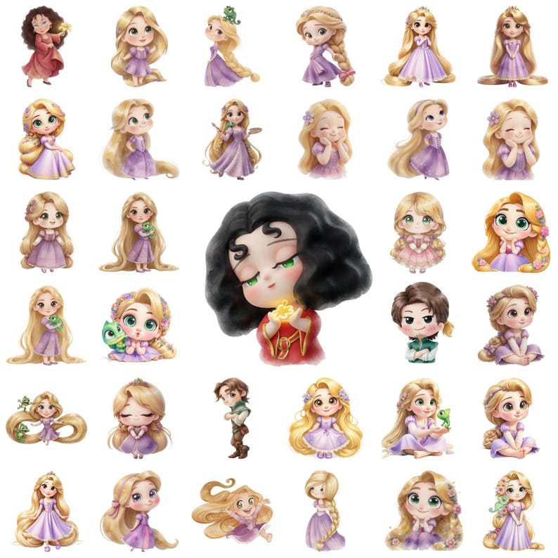 Puede incluir: Una colecci&oacute;n de ilustraciones en acuarela con personajes de un cuento de hadas. Las im&aacute;genes muestran varias poses y atuendos, con un enfoque en una princesa con un vestido morado y pelo largo y rubio. Algunas im&aacute;genes incluyen una rana.