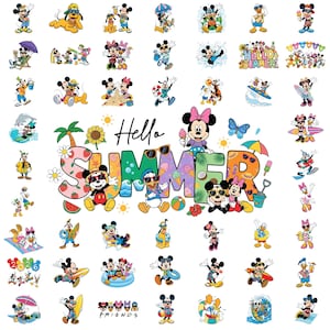 May include: A vibrant collection of Disney character graphics, featuring Mickey Mouse, Minnie Mouse, Donald Duck, and Goofy, in summer scenes. The words "Hello Summer" are displayed, with additional text reading "Friends".