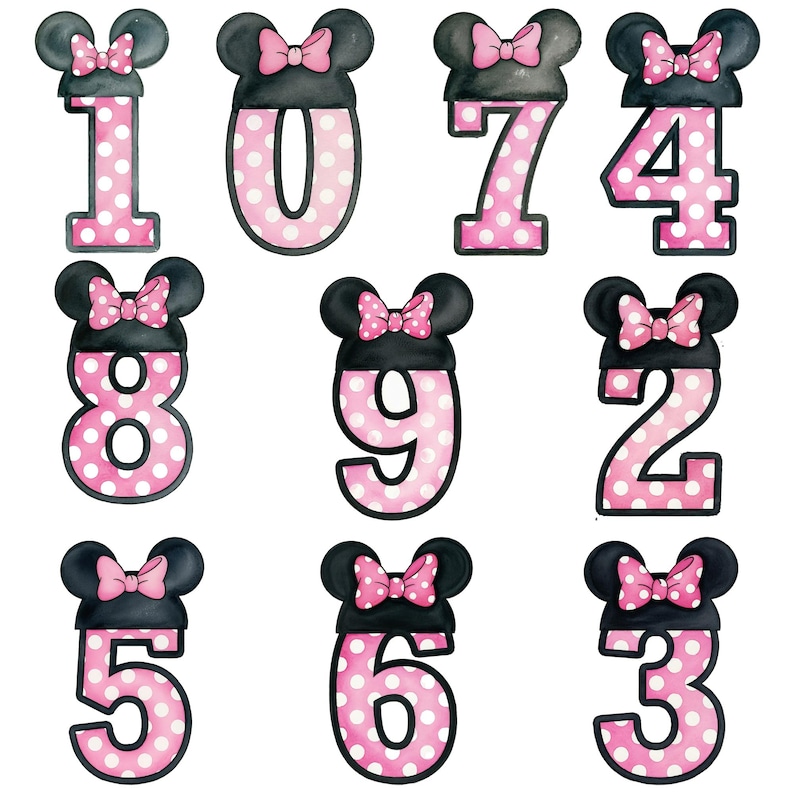 May include: A collection of nine number designs, each featuring a black mouse ear silhouette with a pink bow. The numbers are pink with white polka dots and outlined in black. The numbers are 0, 1, 2, 3, 4, 5, 6, 7, 8, and 9.
