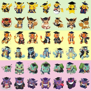 May include: A collection of cartoon characters, including Pikachu, Eevee, Charmander, Squirtle, Bulbasaur, and Gengar, dressed in graduation attire. Each character wears a graduation cap and gown, holding a diploma. The background is divided into colorful sections.