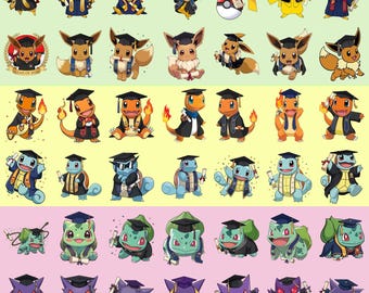 Graduation pokemone ds Clipart PNG Bundle-Graduation Characters-School Grad Party Decorations-Transparent 300 DPI Digital Download