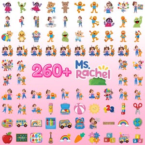 May include: A vibrant collection of cartoon illustrations and graphics, including characters, numbers, and educational items. The image features the text "260+ Ms. Rachel" in pink and blue, along with various educational and playful elements.