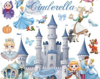 110+ Cinderella Watercolor Clipart, Cute Princess PNG Bundle, Fairy Godmother, Castle, Carriage, Birthday Party Digital Download