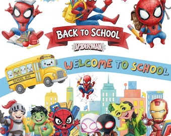 70+ Superhero Back To School Watercolor, Back To School Superhero Iron Man Hulk Thor Black Widow Superhero School PNG Digital Download
