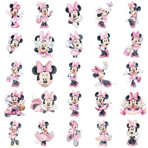 May include: A collection of Minnie Mouse illustrations in various poses. Minnie is depicted in a pink dress, bow, and accessories. Some illustrations show her with a butterfly, holding a purse, or riding a scooter. The images are set against a white background.