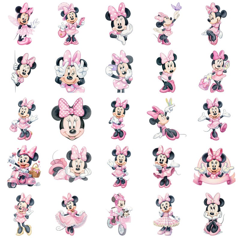 May include: A collection of Minnie Mouse illustrations in various poses. Minnie is depicted in a pink dress, bow, and accessories. Some illustrations show her with a butterfly, holding a purse, or riding a scooter. The images are set against a white background.