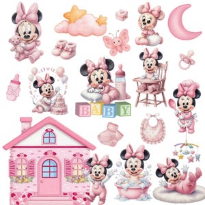 Könnte beinhalten: Eine Sammlung von rosa Baby-Illustrationen mit Minnie Mouse. Die Bilder zeigen Minnie in verschiedenen Posen mit Babyartikeln wie einer Flasche, einem Lätzchen, einem Hochstuhl und Blöcken mit der Aufschrift "BABY". Weitere Elemente sind ein Haus, ein Mond und Sterne.