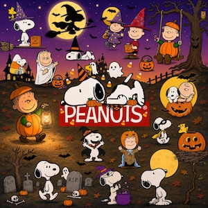 Puede incluir: Una ilustración de Halloween de Peanuts con Snoopy, Charlie Brown y amigos disfrazados. Los personajes aparecen con calabazas, fantasmas y murciélagos sobre un cielo nocturno púrpura con luna llena. La palabra PEANUTS está impresa en rojo.