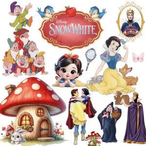 以下が含まれることがあります： ディズニーの白雪姫のキャラクターと要素を描いた水彩イラストのコレクション。白雪姫、七人の小人、悪の女王、キノコハウス、森の動物が含まれています。「Snow White」のタイトルが赤いバナーに表示されています。