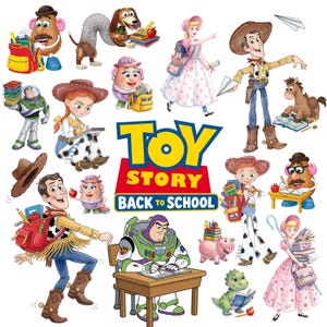 May include: A collection of Toy Story characters including Woody, Buzz Lightyear, Jessie, Bo Peep, Mr. and Mrs. Potato Head, Slinky Dog, Rex, and Hamm, depicted with school supplies like backpacks, books, and pencils, centered around the Toy Story Back to School logo.