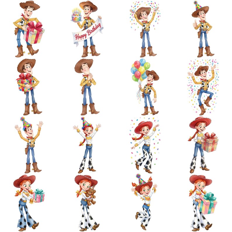 Peut inclure: Une collection de seize illustrations repr&eacute;sentant Woody et Jessie de Toy Story dans diverses poses de f&ecirc;te, tenant des cadeaux d'anniversaire, des g&acirc;teaux avec le texte Happy Birthday, des ballons color&eacute;s et des confettis, en tenue de cow-boy.