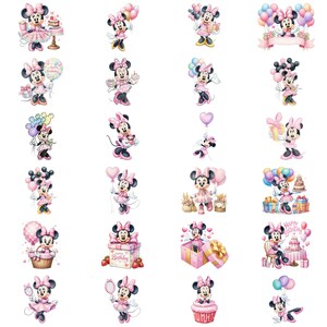 May include: A collection of watercolor illustrations featuring Minnie Mouse in various birthday-themed poses. Minnie is depicted in pink dresses, holding balloons, gifts, and a cake. The illustrations have a soft, whimsical style, perfect for party decorations or children's crafts.