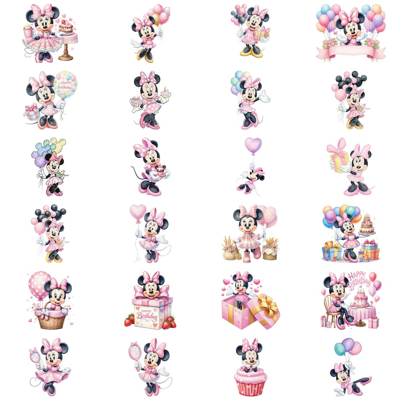 May include: A collection of watercolor illustrations featuring Minnie Mouse in various birthday-themed poses. Minnie is depicted in pink dresses, holding balloons, gifts, and a cake. The illustrations have a soft, whimsical style, perfect for party decorations or children's crafts.