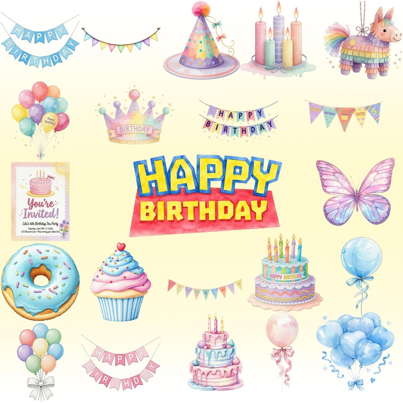 Peut inclure: Une collection d'illustrations aquarelles sur le th&egrave;me de l'anniversaire comprenant une pancarte Happy Birthday, des chapeaux de f&ecirc;te, des bougies, une pi&ntilde;ata, des ballons, des couronnes, des guirlandes, une invitation, un donut, un cupcake et des g&acirc;teaux.
