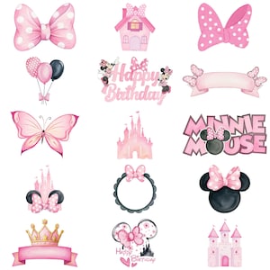 May include: A collection of pink watercolor illustrations featuring bows, a house, a castle, balloons, a butterfly, and the words "Happy Birthday" and "Minnie Mouse". The designs are perfect for birthday party decorations.