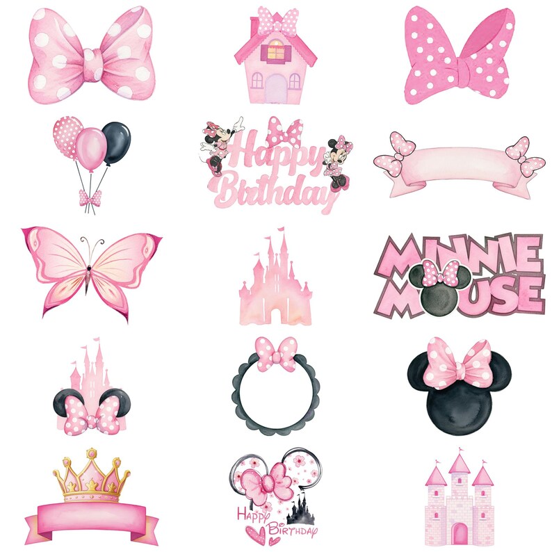 May include: A collection of pink watercolor illustrations featuring bows, a house, a castle, balloons, a butterfly, and the words "Happy Birthday" and "Minnie Mouse". The designs are perfect for birthday party decorations.