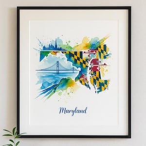 Maryland State Digital Print • Maryland Watercolor Art • Chesapeake Bay Poster • Maryland Flag State Map Art • Coastal Home Decor