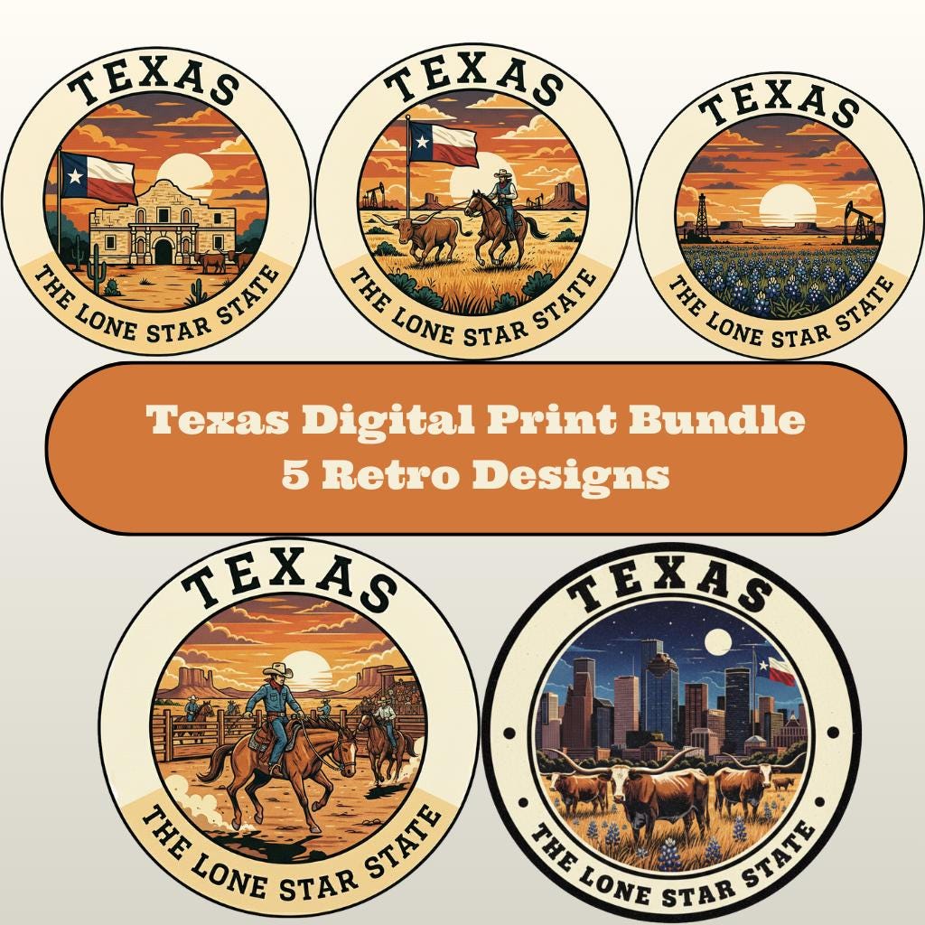 Texas Wall Art Printable Emblem Print Bundle 5 Pack Lone Star State ...