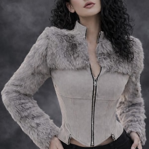 Vintage Faux Fur Patchwork Jacket Women Zip Up Streetwear Punk Style Coat