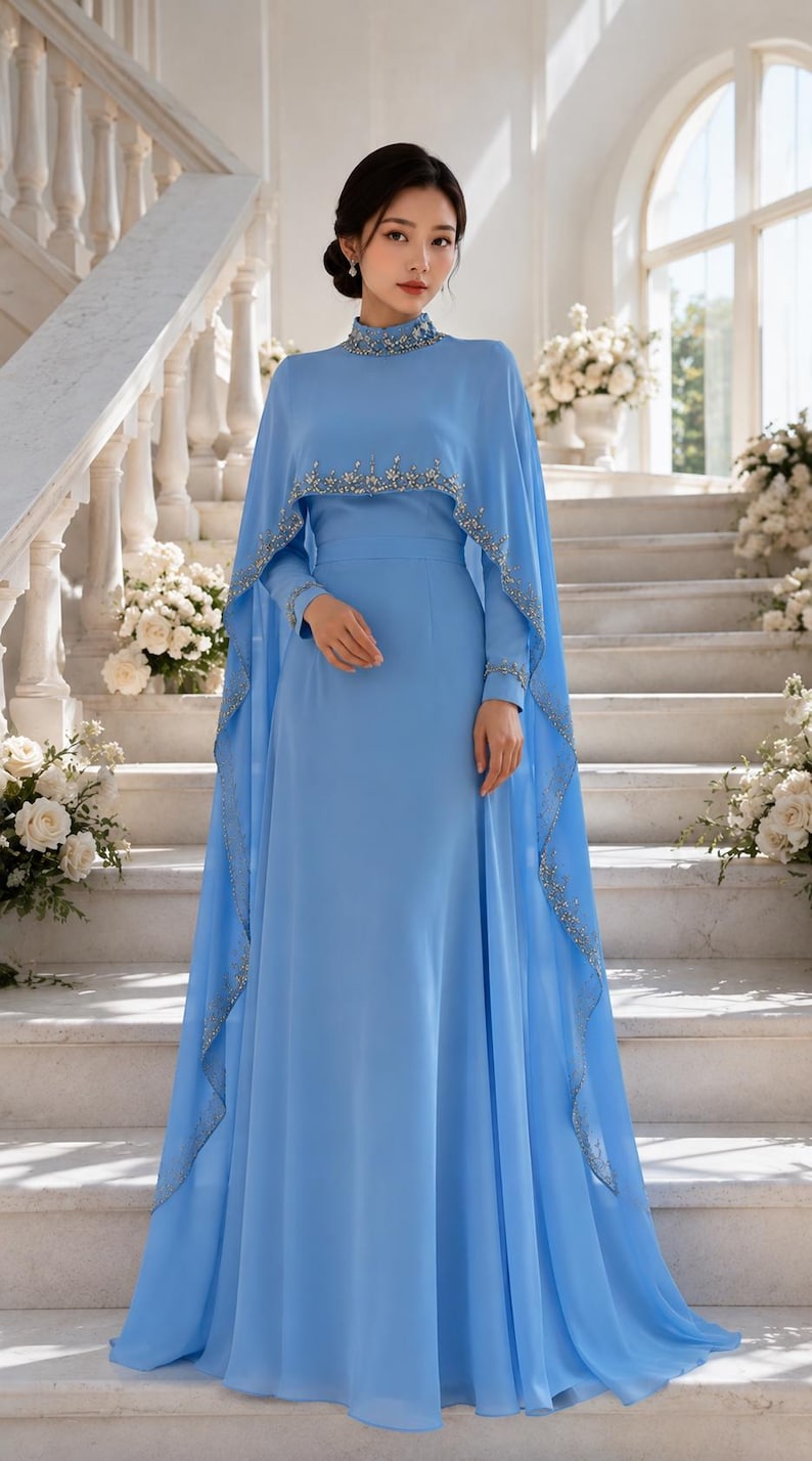 May include: A floor-length light blue gown featuring a high neckline and a matching cape overlay. The collar and the hem of the cape are embellished with intricate silver beadwork and sequins. The dress has long sleeves and a flowing skirt.