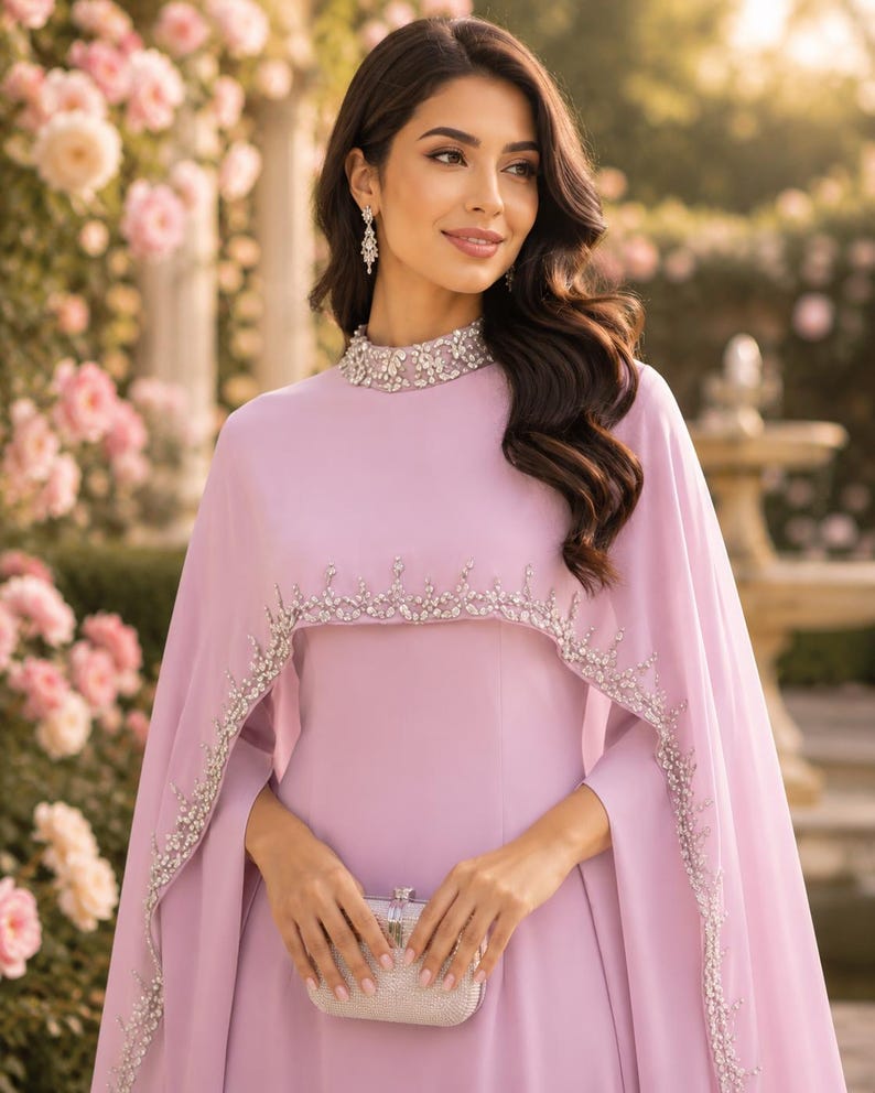 May include: A light lavender floor-length dress featuring a high neckline and a cape overlay. The collar and the scalloped edge of the cape are embellished with silver-toned crystals and beads. A small, rectangular, silver-toned metallic clutch is held.