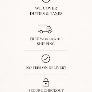 May include: A vertical graphic featuring four dark brown icons: a shield with a checkmark, a delivery truck, a circle with a checkmark, and a padlock. The text reads: WE COVER DUTIES & TAXES, FREE WORLDWIDE SHIPPING, NO FEES ON DELIVERY, SECURE CHECKOUT, BLOOMVELLASTUDIO, Tracked & Insured Delivery.
