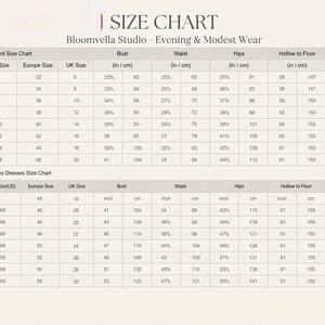 May include: A size chart for Bloomvella Studio Evening & Modest Wear featuring two tables. The top table lists standard US, Europe, and UK sizes with bust, waist, hips, and hollow to floor measurements in inches and centimeters for sizes 2 through 16.