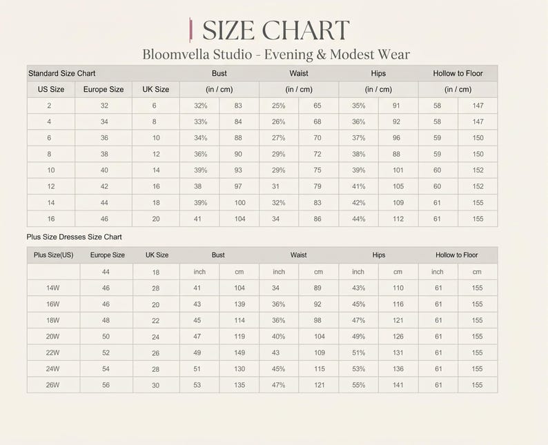 May include: A size chart for Bloomvella Studio Evening & Modest Wear featuring two tables. The top table lists standard US, Europe, and UK sizes with bust, waist, hips, and hollow to floor measurements in inches and centimeters for sizes 2 through 16.