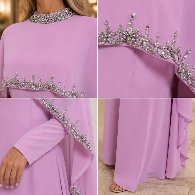 May include: A floor-length lavender gown featuring a high neckline and a cape-style overlay. The collar and the scalloped edges of the cape are heavily embellished with silver-toned beads, clear crystals, and faux pearls in a floral pattern.