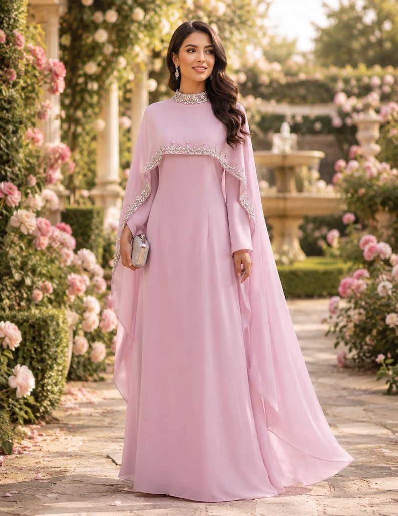 May include: A floor-length light purple gown featuring a high neckline and a cape-style overlay. The collar and the edge of the cape are embellished with silver beads and crystals. The dress has long sleeves and is paired with a small silver clutch.